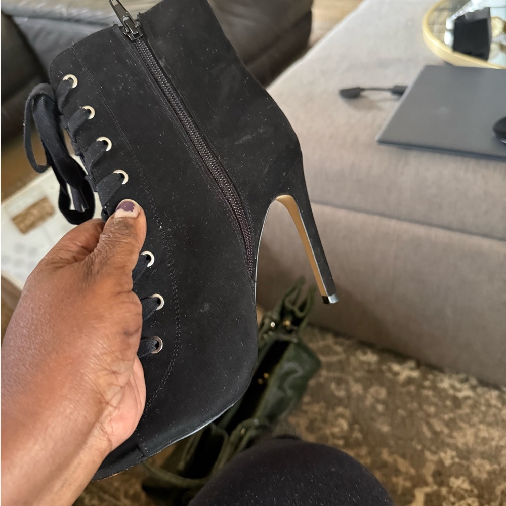 Mix No. 6 Black Lace-Up Peep Toe Stiletto Booties